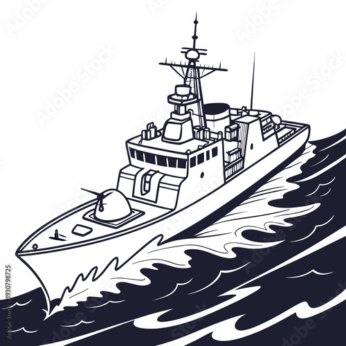 Black and white of a modern guided missile warship