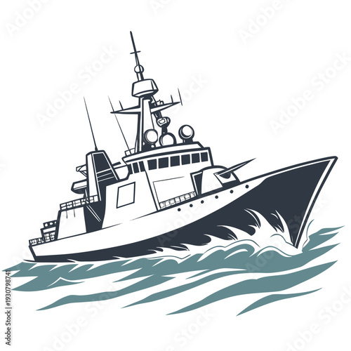 Dark navy guided missile warship cutting through waves