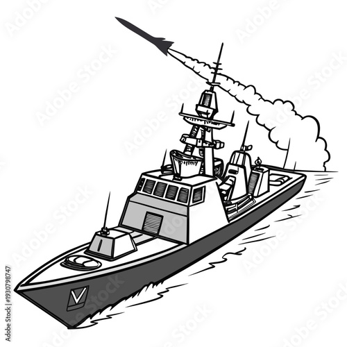 Military destroyer boat launching missile ship