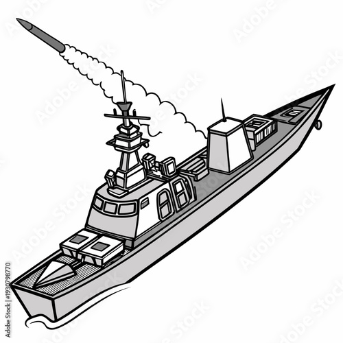 Gray military destroyer with missile launching from deck