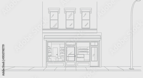 Simple black and white line art drawing of a classic urban storefront building facade