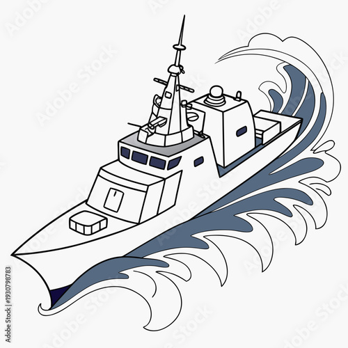 White guided missile warship with dark blue accents on waves