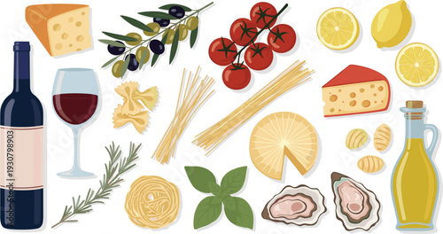  Italian Cuisine Ingredients Set with Wine Cheese Pasta Olive Oil Oysters and Fresh Mediterranean Products Vector Illustration