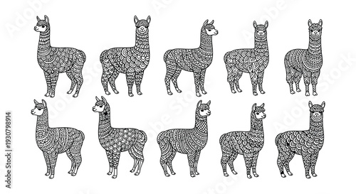 A collection of intricately patterned llamas in a monochrome style