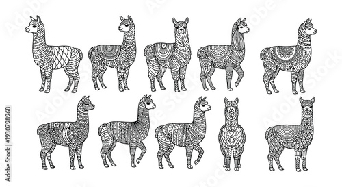 A collection of intricately patterned llamas in a monochrome style