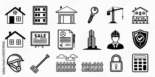 Collection of icons representing various aspects of real estate and property management