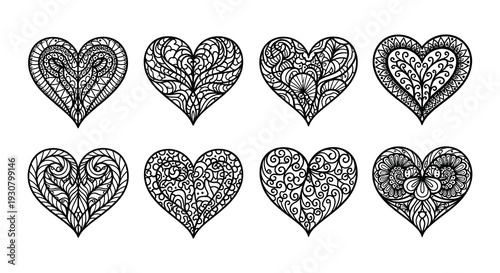 Intricate black and white heart designs arranged in two rows