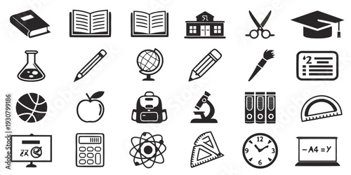 A collection of diverse icons representing various aspects of education and learning.