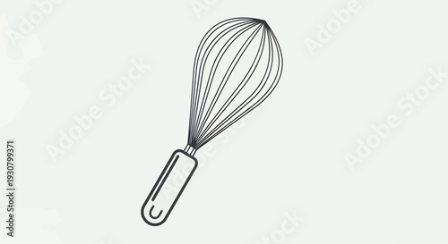 Minimalist outline of a kitchen whisk on a light grey background, representing essential cooking tools.