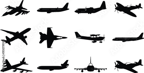 Airplane silhouettes collection, military fighter jet passenger aircraft transport plane vector illustration isolated on white background set
