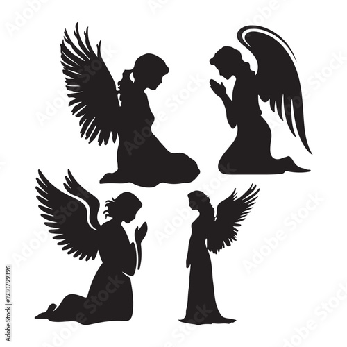 Silhouettes of Beautiful Praying Angels with Wings Vector