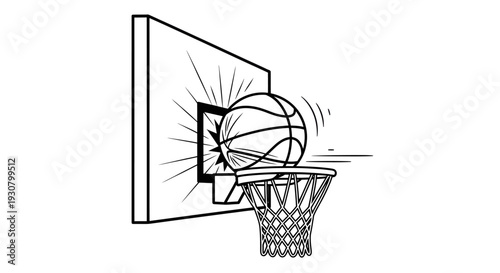 Basketball successfully entering the net through a hoop with backboard, line art drawing on an isolated white background.