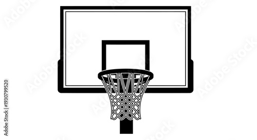 Basketball hoop with net and backboard, viewed from the front, line art drawing on an isolated white background.