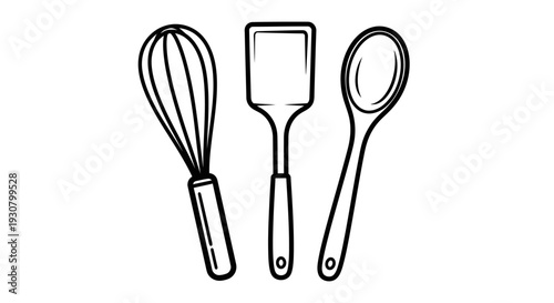 Set of kitchen utensils including a whisk, spatula, and spoon, line art drawing on an isolated white background.