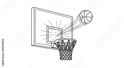 Basketball approaching the hoop and net, viewed from an angled perspective, line art drawing on an isolated white background.