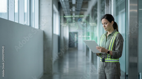 Wallpaper Mural A digital supply‑chain sustainability dashboard floats above a tablet, symbolizing regenerative operations, circular workflows, and BCG‑aligned corporate management. Torontodigital.ca