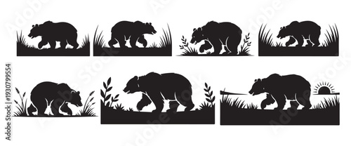 Set of Wild Bear Silhouettes in Forest and Nature Landscape