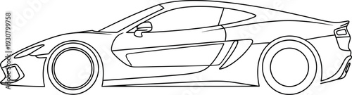 Black and white line art drawing of a sleek modern sports car profile
