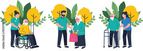 Elderly Care and Disability Support Vector Illustration Set with Caregiver Assistance Wheelchair Walker and Senior Healthcare Concept