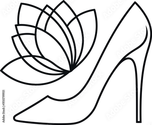 Elegant black line art logo design combining a stiletto high heel and lotus flower