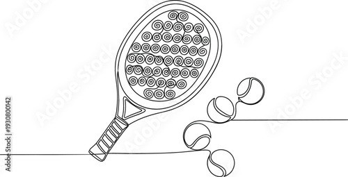Continuous one line drawing of a tennis racket and balls for sports fitness and active lifestyle competition concepts