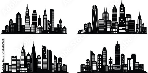 City skyline silhouette collection, modern urban skyscraper panoramas set isolated on white background vector illustration design pack