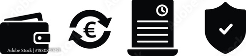 Essential Financial Transaction and Security Icons Set Digital Wallet, Currency Exchange, Payment Documentation, and Protection Shield for Business and Online Services