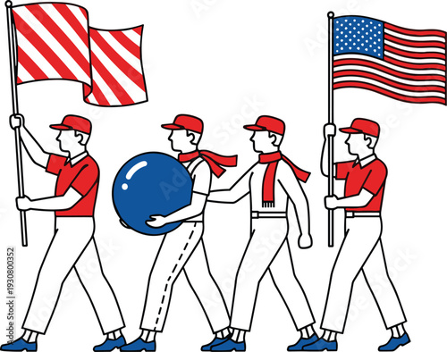 Four men in red and white uniforms carrying a large blue ball and two flags in a parade