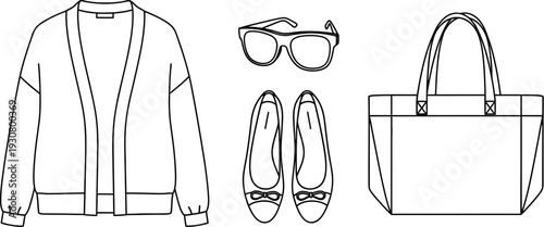 Line art collection of essential women's accessories including shoes cardigan and tote