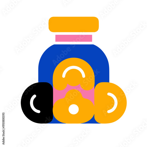 A jar of colorful donuts on a white background
