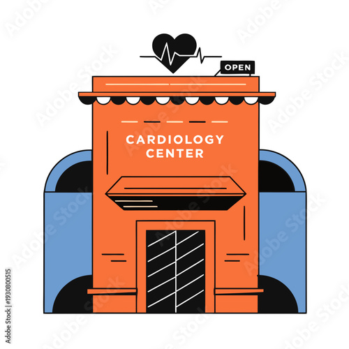 A cartoon illustration of a cardiology center building