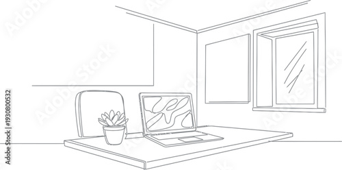 Minimalist line art drawing of a modern home office desk setup with a plant