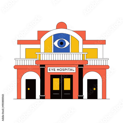 A cartoon eye hospital building with a large eye on the front