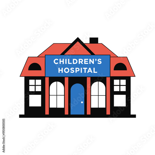 A children's hospital building with a blue sign