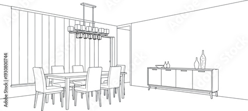 Minimalist dining room interior sketch featuring modern chairs and a sideboard