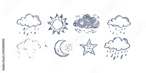 A charming collection of various weather and celestial symbols in a minimalist line art style