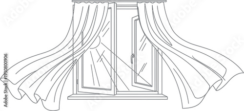 Black and white drawing shows curtains blowing in the wind through an open window