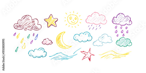 A delightful collection of various clouds and weather symbols in pastel colors