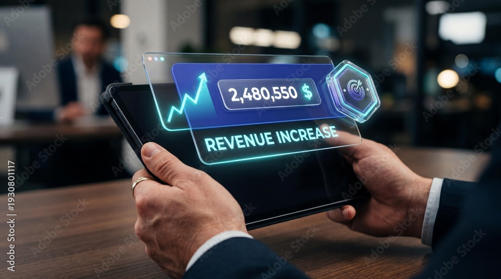 Fototapeta premium Businessman analyzing revenue increase on tablet with financial growth graph in modern office