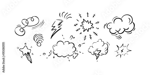 A collection of various weather-related symbols and icons in a sketch style.