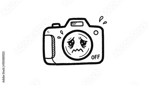 Vector Hand-Drawn Camera Nervous Expression Social Anxiety Concept Illustration for Content Creator Burnout and Mental Health Awareness