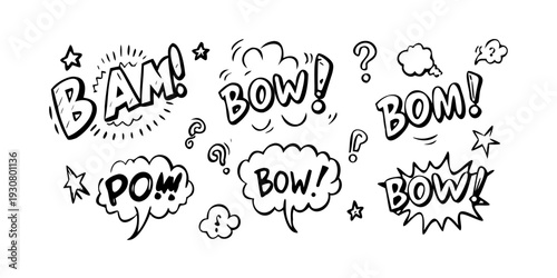 A collection of comic book sound effect words in speech bubbles
