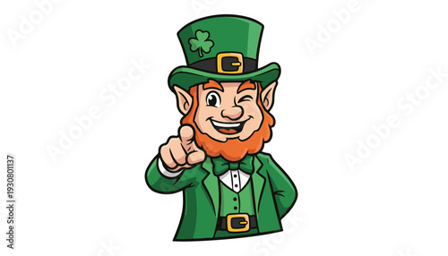 Vector Cartoon Leprechaun Winking and Pointing Lucky Irish Character for Saint Patricks Day Marketing and Financial Wealth Concept