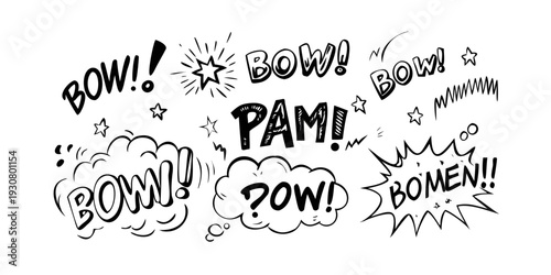 A collection of comic book sound effect words in bold, stylized fonts.