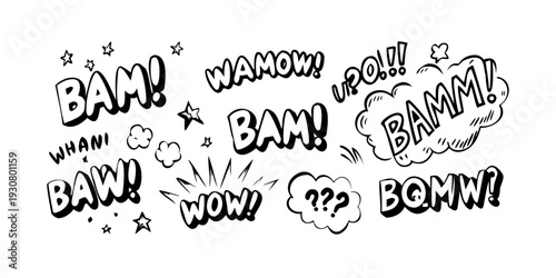 A collection of comic book sound effect words in speech bubbles and clouds.