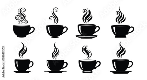 Eight black silhouettes of steaming cups of coffee or tea