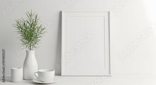 A minimalist white interior featuring a vase with greenery and a framed picture