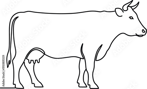 Simple black line art drawing of a standing cow facing sideways in profile