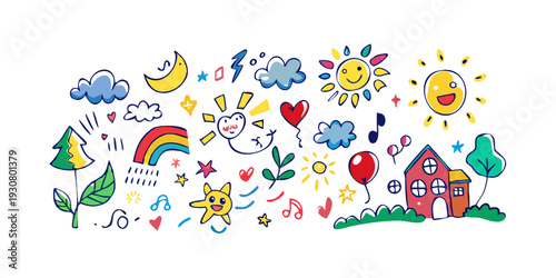 A vibrant and colorful illustration of various objects and creatures in a playful scene