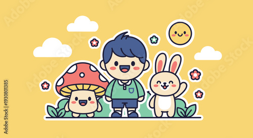 Cartoon Boy with Rabbit and Mushroom Character.